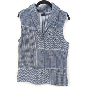Chaps Knit Vest Womens Medium Blue Shawl Collar Sleeveless Patchwork‎ Grannycore